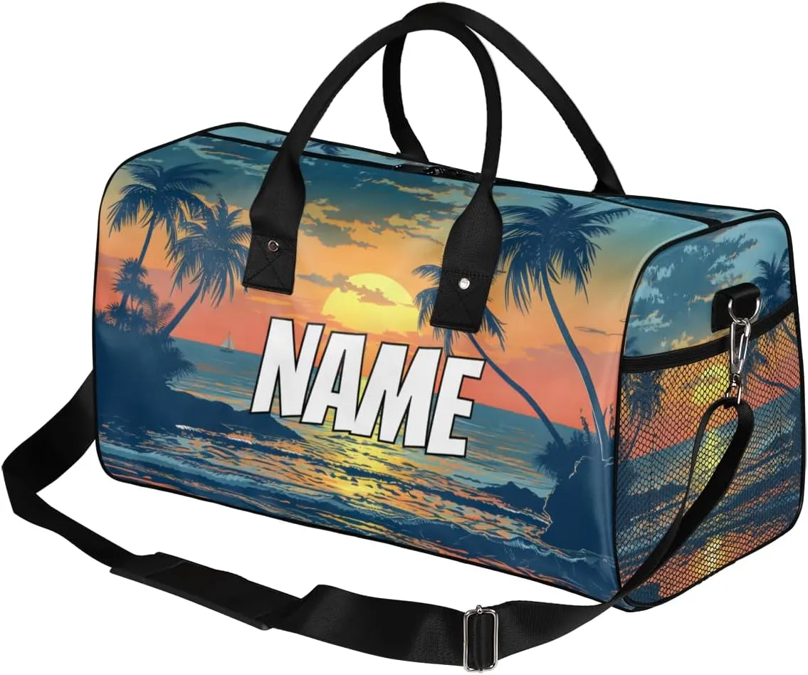 Personalized Beach Scenery Travel Duffel Bag with Name, Custom Gym Sport Bag Tropical Palm Tree Carry On Weekend Overnight Duffel Bag for Men Women