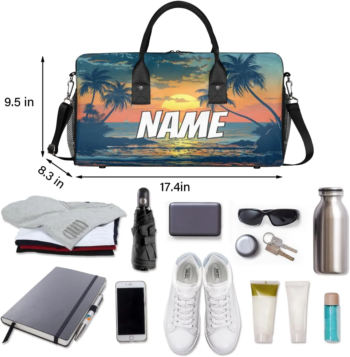 Personalized Beach Scenery Travel Duffel Bag with Name, Custom Gym Sport Bag Tropical Palm Tree Carry On Weekend Overnight Duffel Bag for Men Women