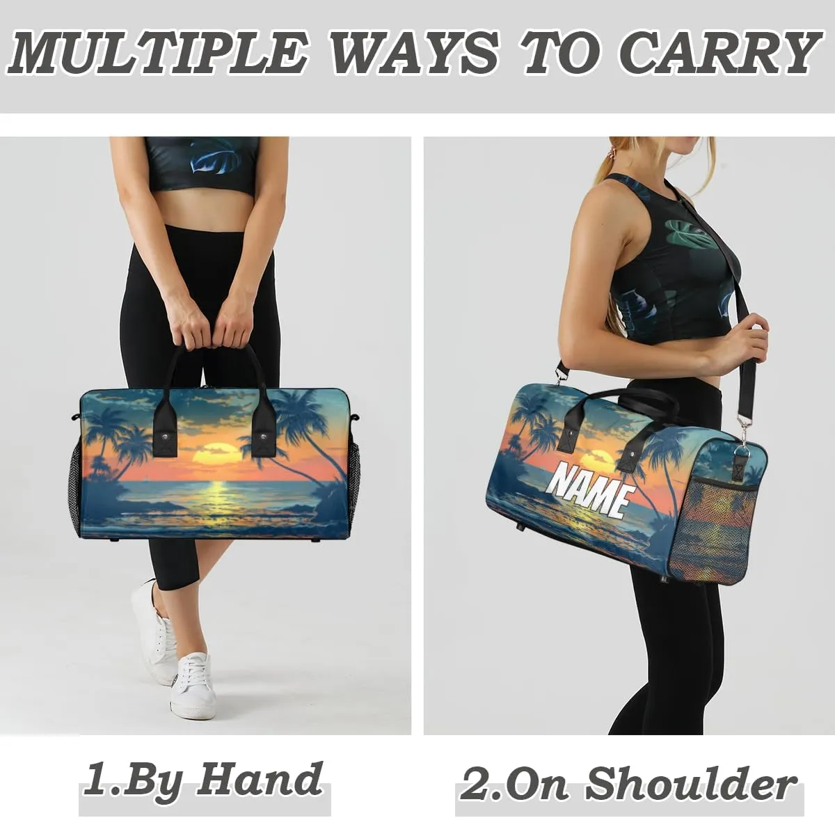 Personalized Beach Scenery Travel Duffel Bag with Name, Custom Gym Sport Bag Tropical Palm Tree Carry On Weekend Overnight Duffel Bag for Men Women