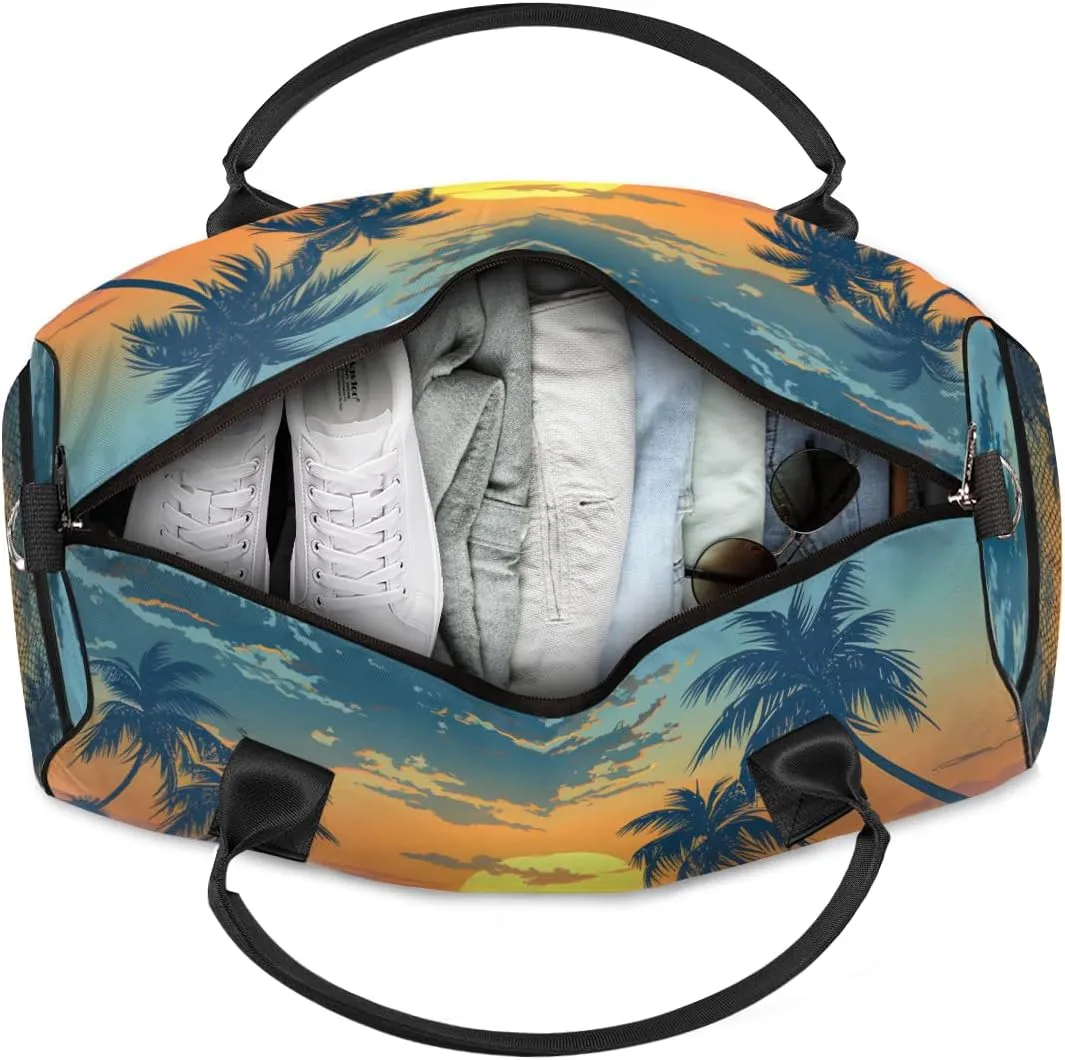 Personalized Beach Scenery Travel Duffel Bag with Name, Custom Gym Sport Bag Tropical Palm Tree Carry On Weekend Overnight Duffel Bag for Men Women
