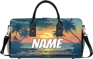 Personalized Beach Scenery Travel Duffel Bag with Name, Custom Gym Sport Bag Tropical Palm Tree Carry On Weekend Overnight Duffel Bag for Men Women