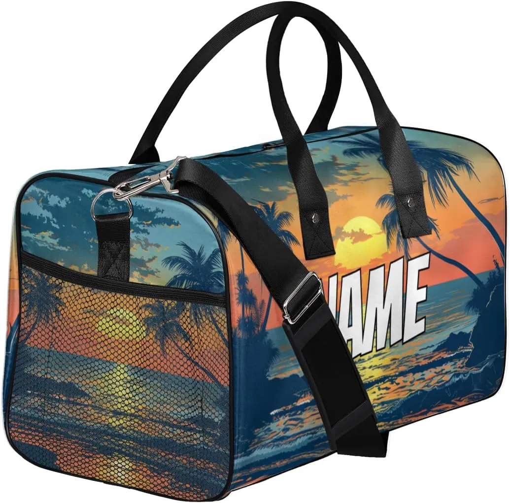 Personalized Beach Scenery Travel Duffel Bag with Name, Custom Gym Sport Bag Tropical Palm Tree Carry On Weekend Overnight Duffel Bag for Men Women