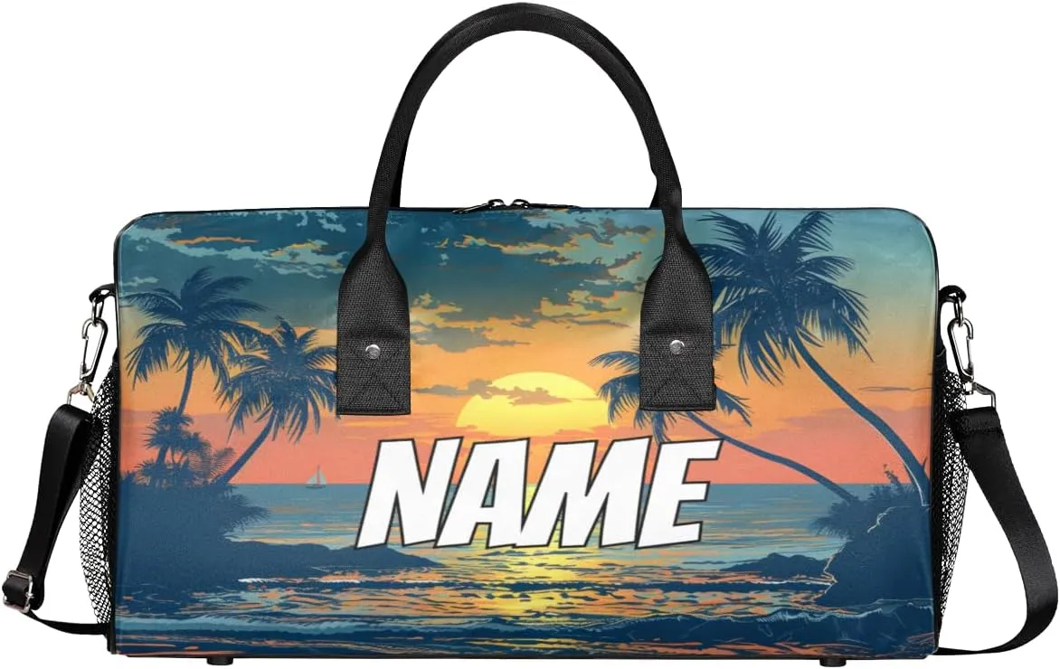 Personalized Beach Scenery Travel Duffel Bag with Name, Custom Gym Sport Bag Tropical Palm Tree Carry On Weekend Overnight Duffel Bag for Men Women