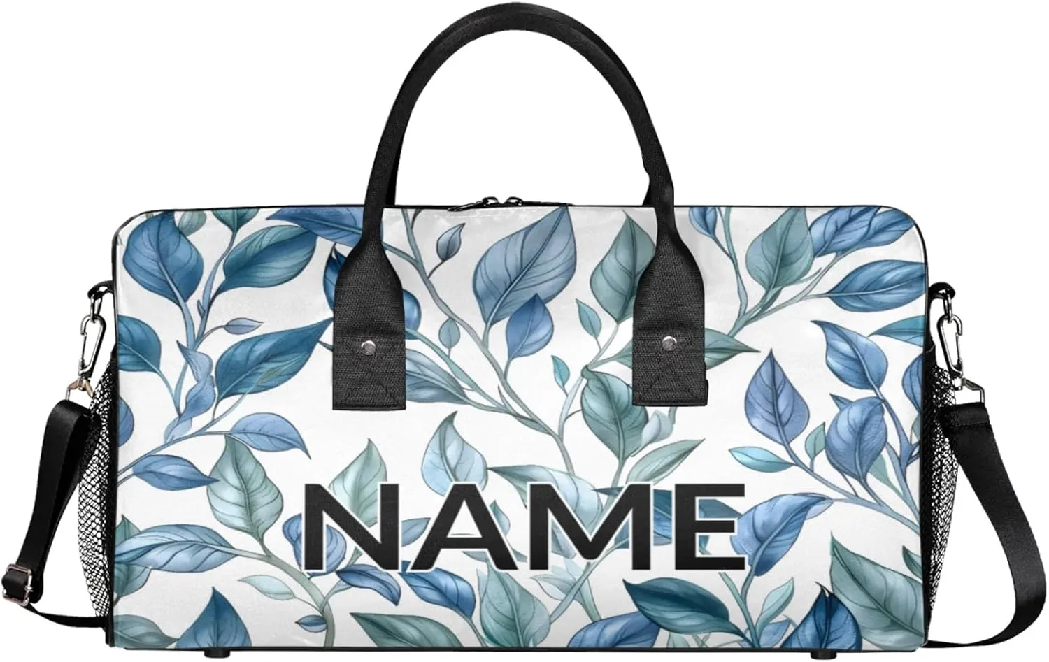 Personalized Blue Leaf Travel Duffel Bag with Name, Custom Gym Sport Bag Jungle Plant Nature Carry On Weekend Overnight Duffel Bag for Men Women