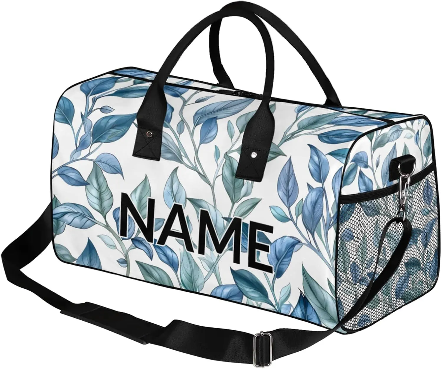Personalized Blue Leaf Travel Duffel Bag with Name, Custom Gym Sport Bag Jungle Plant Nature Carry On Weekend Overnight Duffel Bag for Men Women