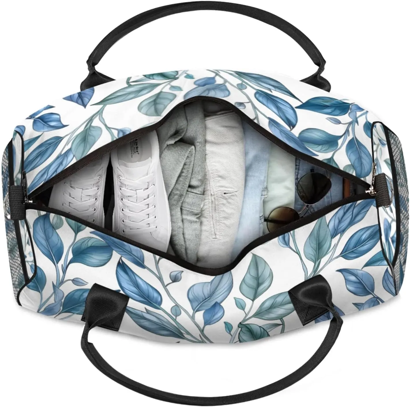 Personalized Blue Leaf Travel Duffel Bag with Name, Custom Gym Sport Bag Jungle Plant Nature Carry On Weekend Overnight Duffel Bag for Men Women