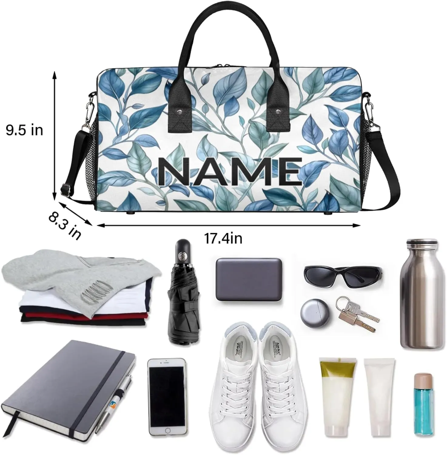 Personalized Blue Leaf Travel Duffel Bag with Name, Custom Gym Sport Bag Jungle Plant Nature Carry On Weekend Overnight Duffel Bag for Men Women
