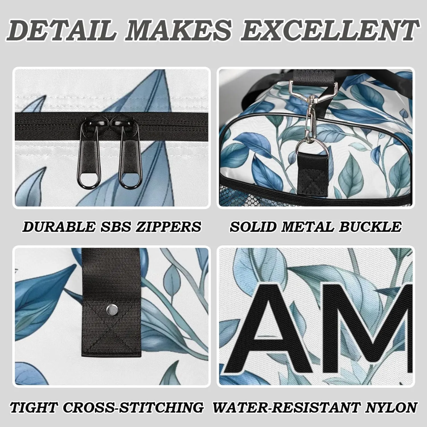 Personalized Blue Leaf Travel Duffel Bag with Name, Custom Gym Sport Bag Jungle Plant Nature Carry On Weekend Overnight Duffel Bag for Men Women