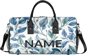 Personalized Blue Leaf Travel Duffel Bag with Name, Custom Gym Sport Bag Jungle Plant Nature Carry On Weekend Overnight Duffel Bag for Men Women