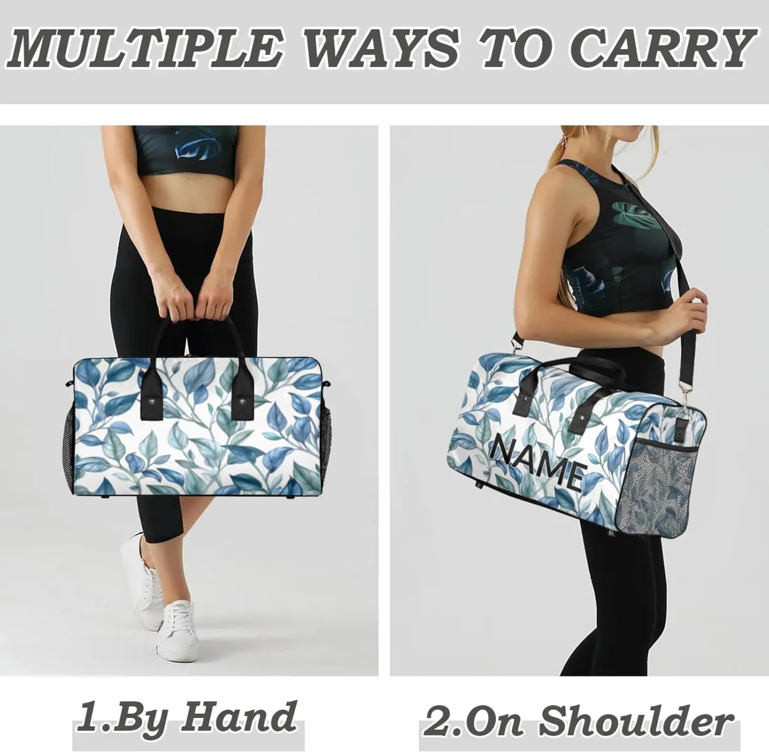 Personalized Blue Leaf Travel Duffel Bag with Name, Custom Gym Sport Bag Jungle Plant Nature Carry On Weekend Overnight Duffel Bag for Men Women