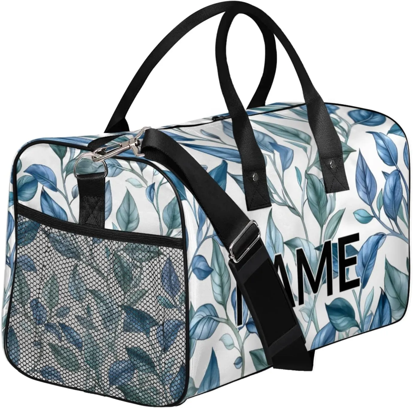 Personalized Blue Leaf Travel Duffel Bag with Name, Custom Gym Sport Bag Jungle Plant Nature Carry On Weekend Overnight Duffel Bag for Men Women