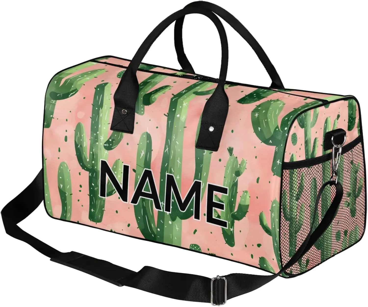 Personalized Cactus Travel Duffel Bag with Name, Custom Gym Sport Bag Tropical Desert Southwest Plant Carry On Weekend Overnight Duffel Bag for Men Women