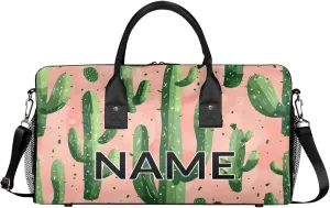 Personalized Cactus Travel Duffel Bag with Name, Custom Gym Sport Bag Tropical Desert Southwest Plant Carry On Weekend Overnight Duffel Bag for Men Women
