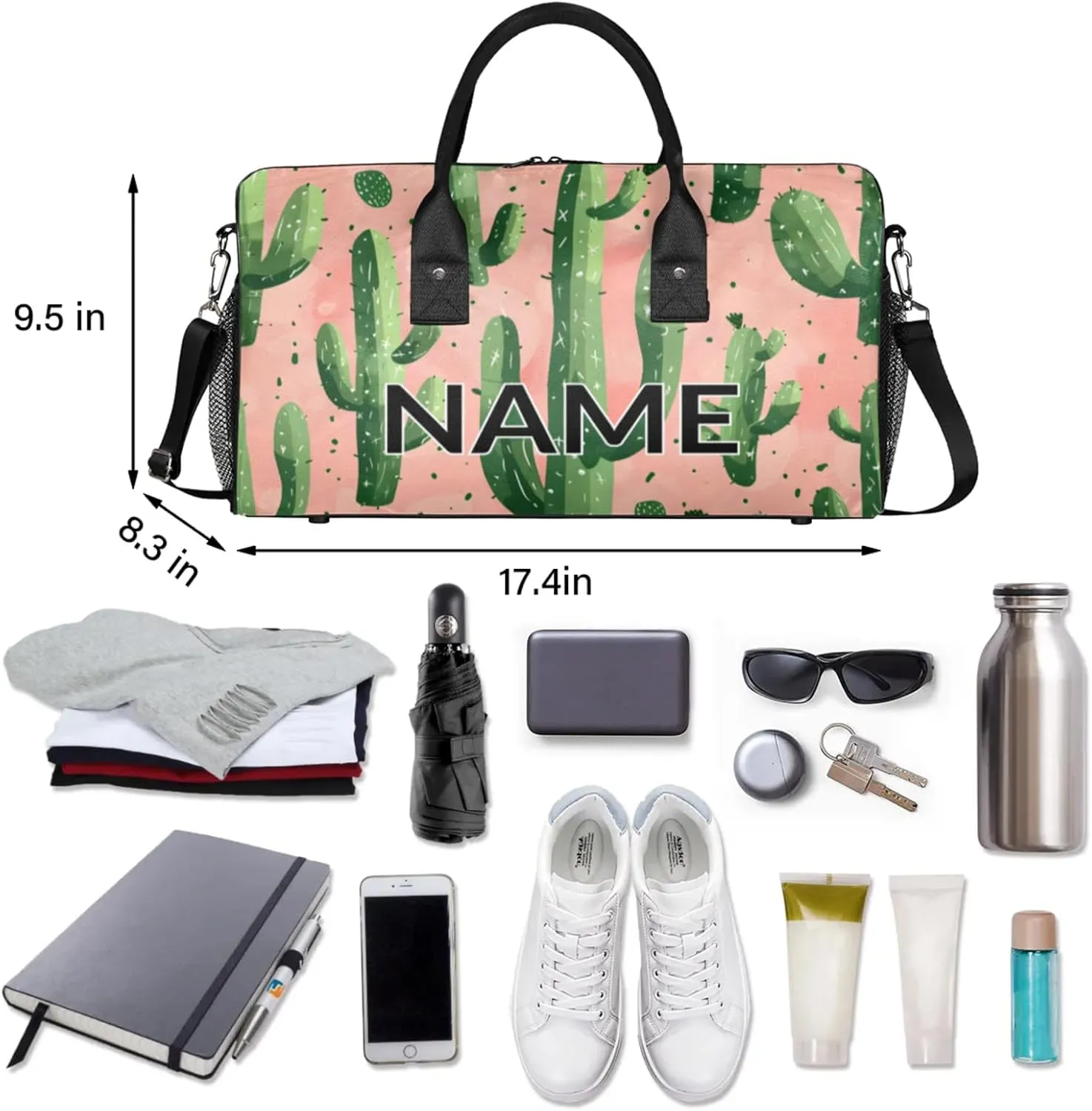 Personalized Cactus Travel Duffel Bag with Name, Custom Gym Sport Bag Tropical Desert Southwest Plant Carry On Weekend Overnight Duffel Bag for Men Women
