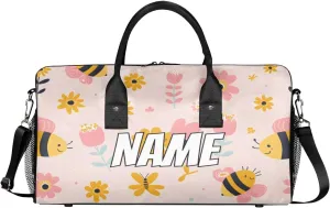 Personalized Cartoon Bee Travel Duffel Bag with Name, Custom Gym Sport Bag Vintage Floral Carry On Weekend Overnight Duffel Bag for Men Women