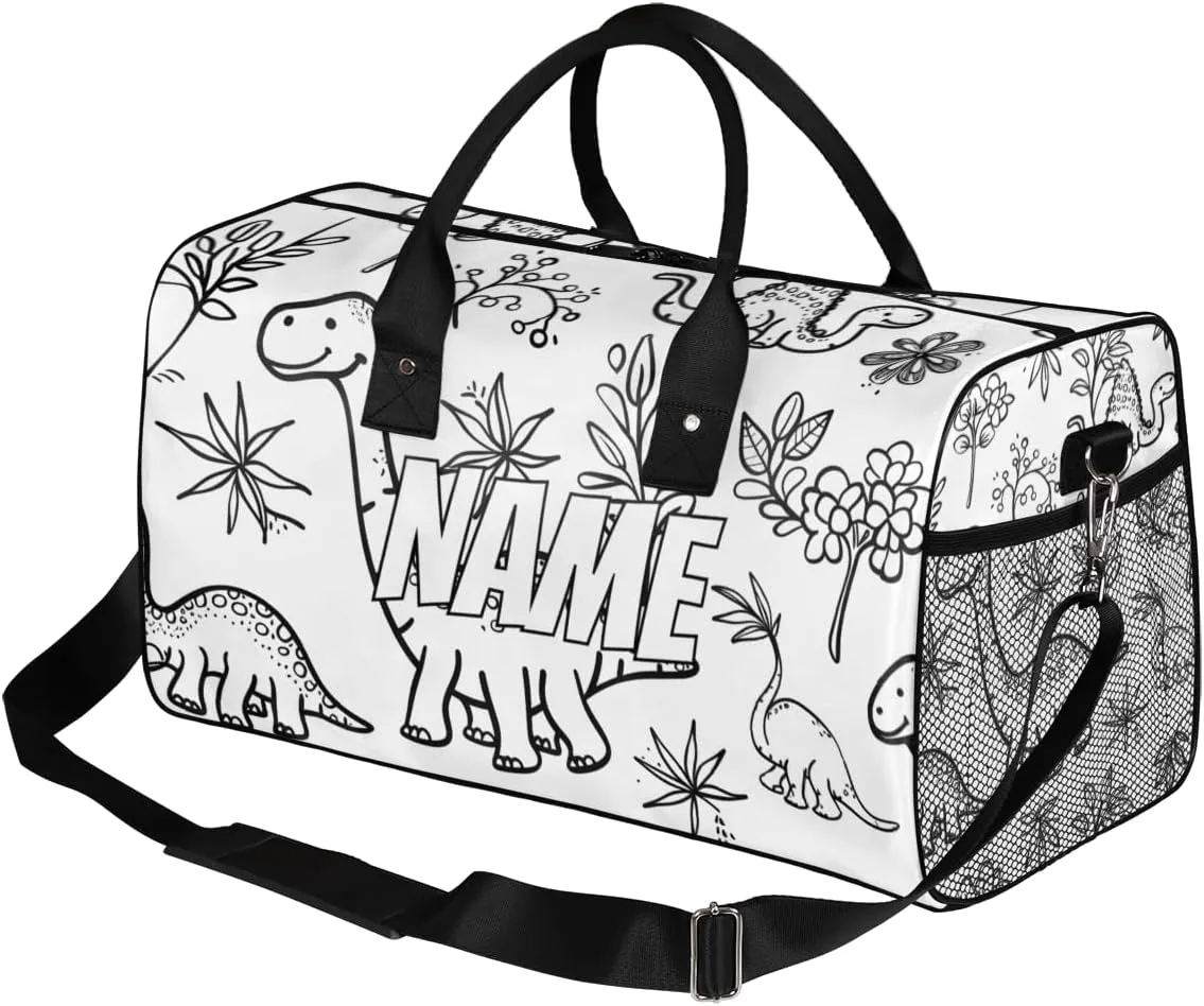 Personalized Cartoon Dinosaurs Travel Duffel Bag with Name, Custom Gym Sport Bag Black White Carry On Weekend Overnight Duffel Bag for Men Women