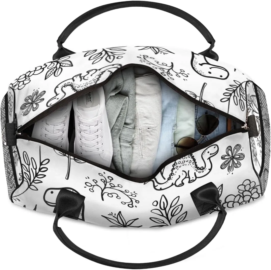 Personalized Cartoon Dinosaurs Travel Duffel Bag with Name, Custom Gym Sport Bag Black White Carry On Weekend Overnight Duffel Bag for Men Women