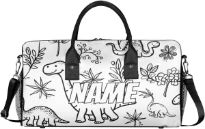 Personalized Cartoon Dinosaurs Travel Duffel Bag with Name, Custom Gym Sport Bag Black White Carry On Weekend Overnight Duffel Bag for Men Women