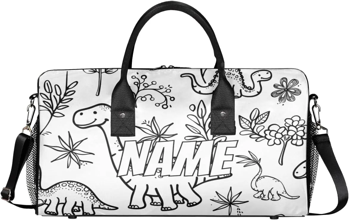 Personalized Cartoon Dinosaurs Travel Duffel Bag with Name, Custom Gym Sport Bag Black White Carry On Weekend Overnight Duffel Bag for Men Women