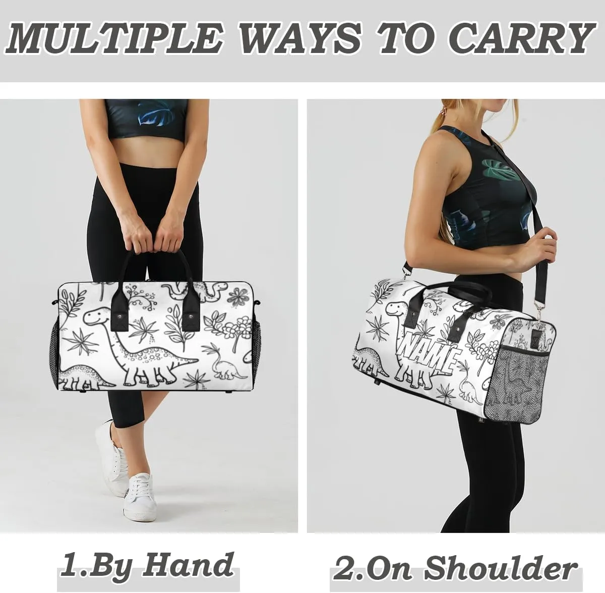 Personalized Cartoon Dinosaurs Travel Duffel Bag with Name, Custom Gym Sport Bag Black White Carry On Weekend Overnight Duffel Bag for Men Women