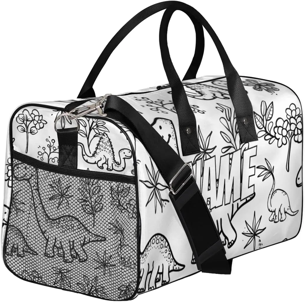 Personalized Cartoon Dinosaurs Travel Duffel Bag with Name, Custom Gym Sport Bag Black White Carry On Weekend Overnight Duffel Bag for Men Women