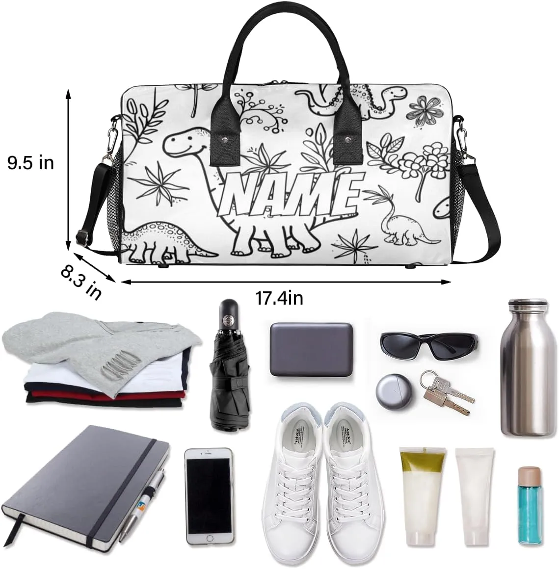 Personalized Cartoon Dinosaurs Travel Duffel Bag with Name, Custom Gym Sport Bag Black White Carry On Weekend Overnight Duffel Bag for Men Women