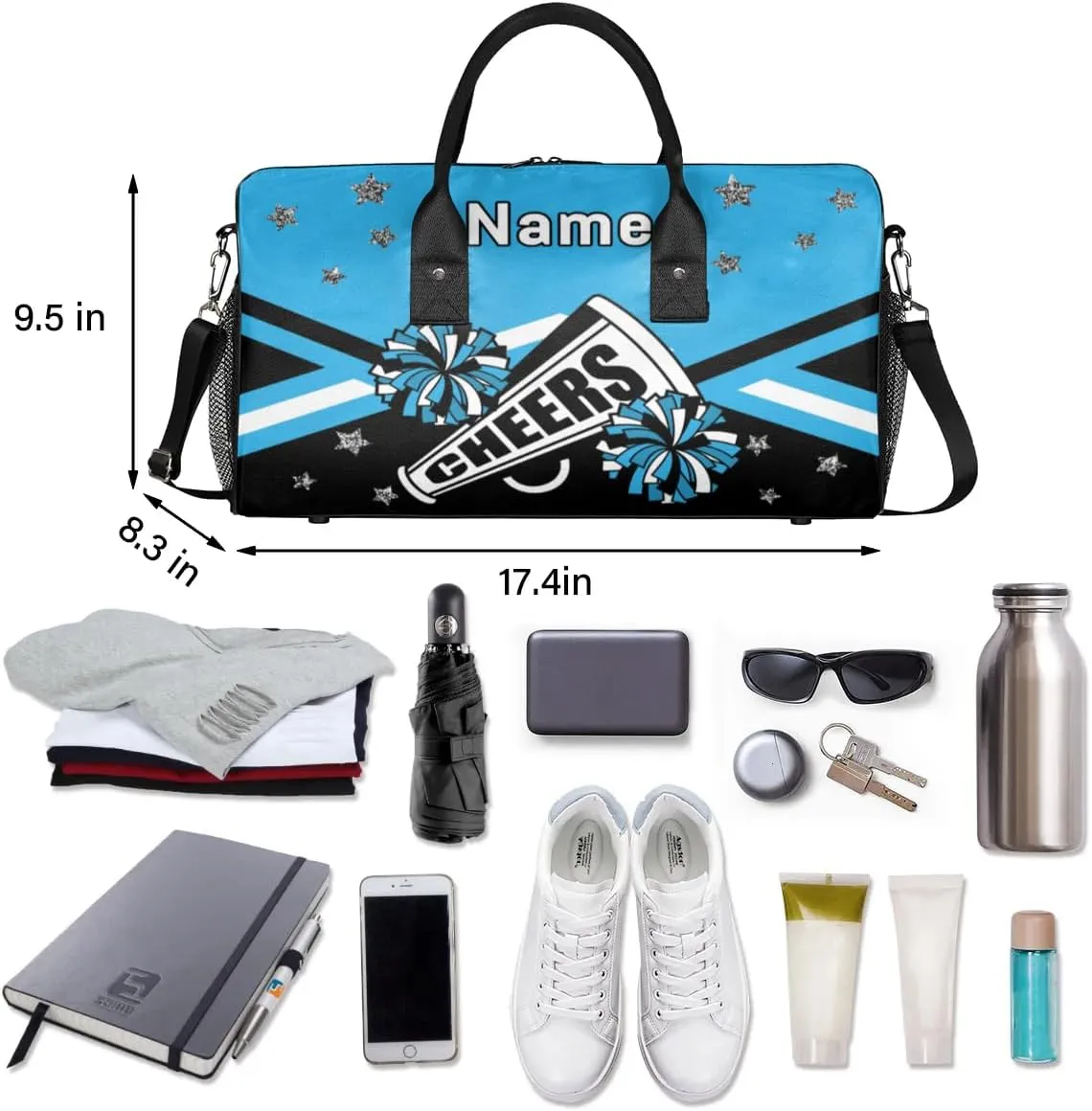 Personalized Cheer Bag Custom Cheerleader Bag with Name Customized Gym Bag Sport Travel Duffel Bag for Women, Blue Black