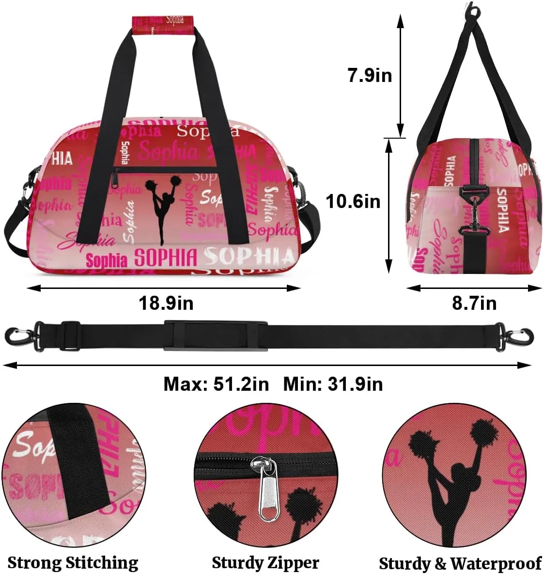 Personalized Cheer Bag Name Dance Bag Gymnastics Bags, Custom Cheerleader Sport Duffel Gym Bags Travel Overnight Weekender Bags, Deep Red Gradient