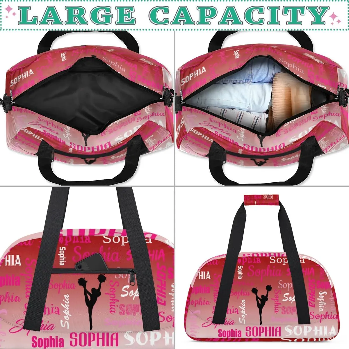 Personalized Cheer Bag Name Dance Bag Gymnastics Bags, Custom Cheerleader Sport Duffel Gym Bags Travel Overnight Weekender Bags, Deep Red Gradient