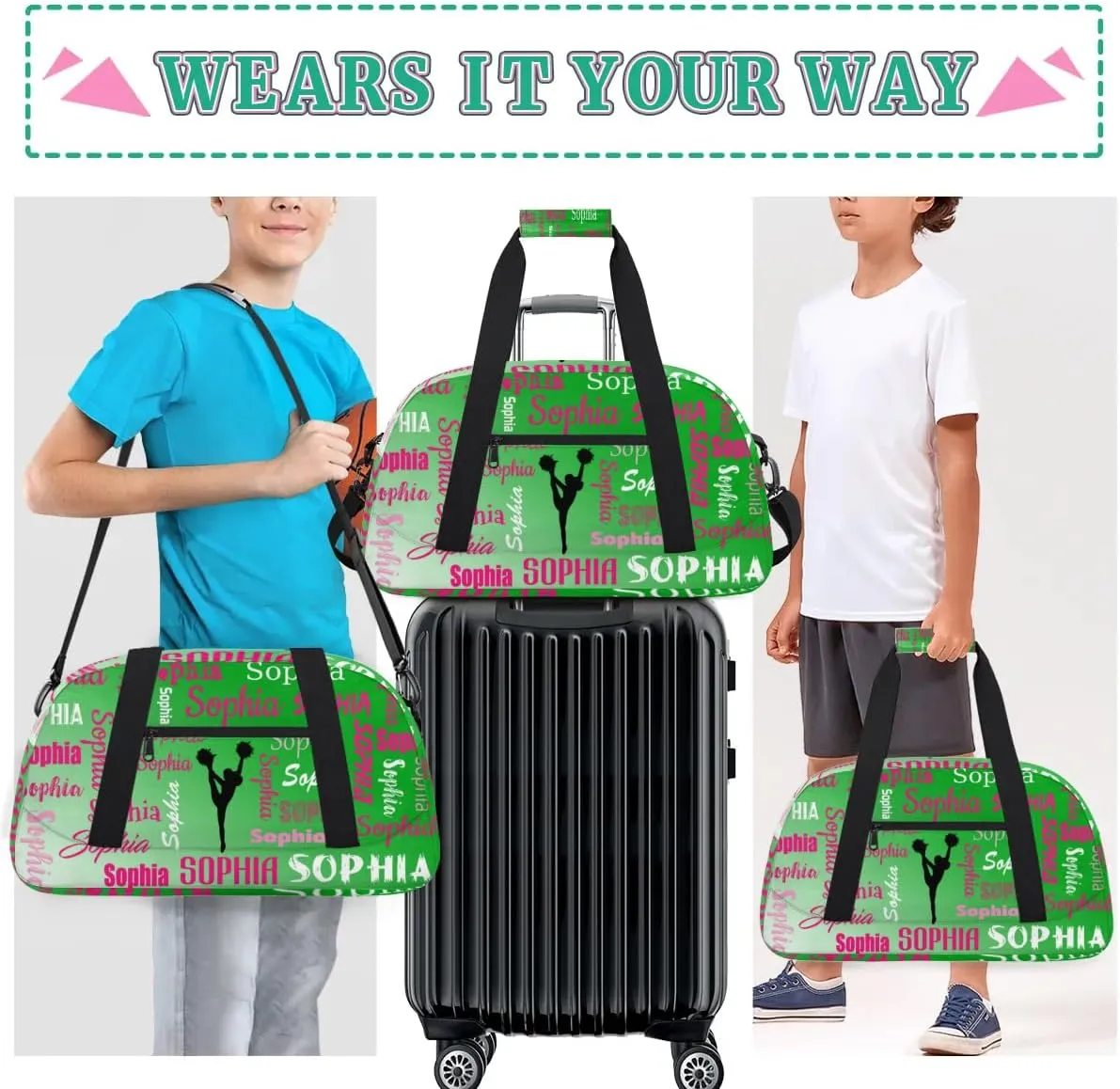Personalized Cheer Bag Name Dance Bag Gymnastics Bags, Custom Cheerleader Sport Duffel Gym Bags Travel Overnight Weekender Bags, Grass Green Gradient