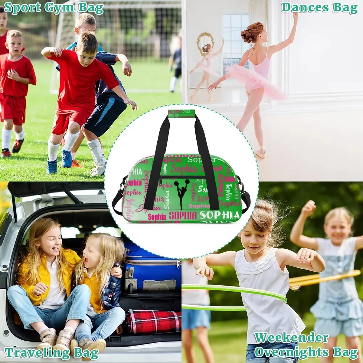 Personalized Cheer Bag Name Dance Bag Gymnastics Bags, Custom Cheerleader Sport Duffel Gym Bags Travel Overnight Weekender Bags, Grass Green Gradient