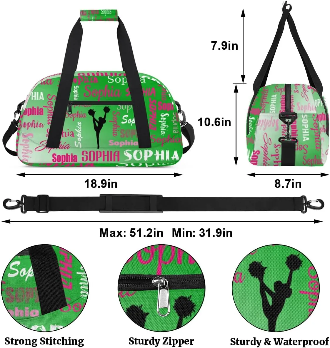 Personalized Cheer Bag Name Dance Bag Gymnastics Bags, Custom Cheerleader Sport Duffel Gym Bags Travel Overnight Weekender Bags, Grass Green Gradient