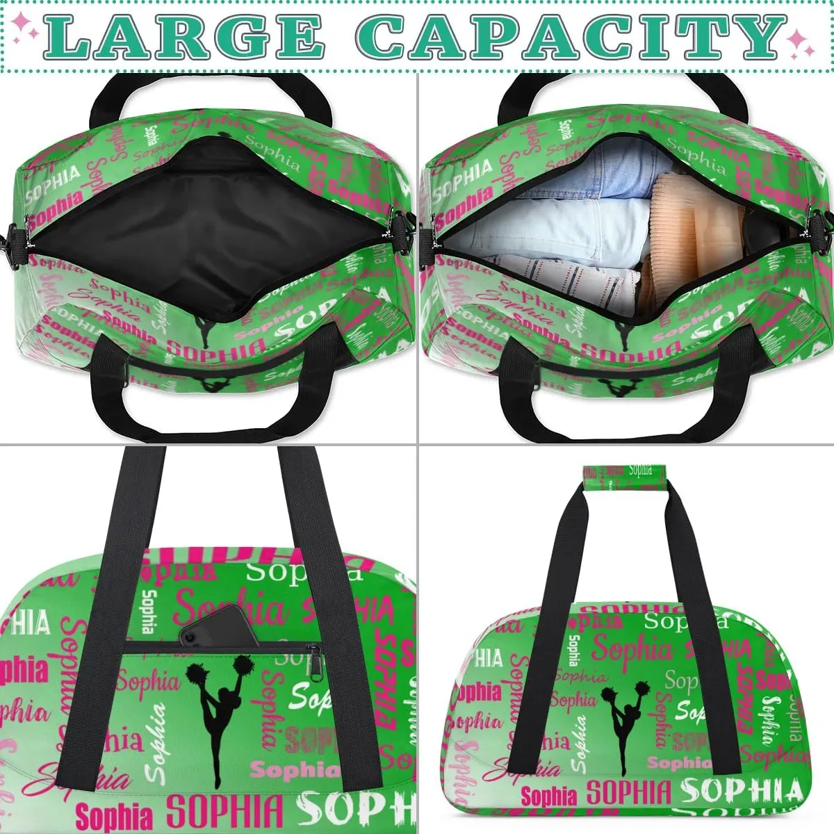 Personalized Cheer Bag Name Dance Bag Gymnastics Bags, Custom Cheerleader Sport Duffel Gym Bags Travel Overnight Weekender Bags, Grass Green Gradient