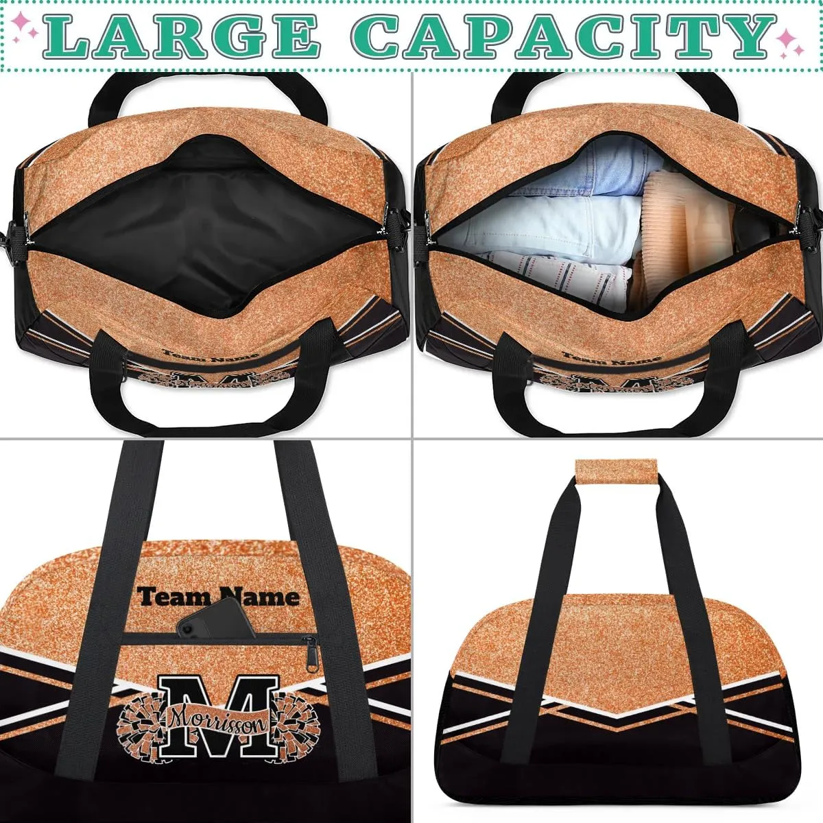 Personalized Cheerleader Bag Duffel Bag for Girls, Custom Cheer Bag Overnight Bags for Gymnastics Travel Weekender Orange