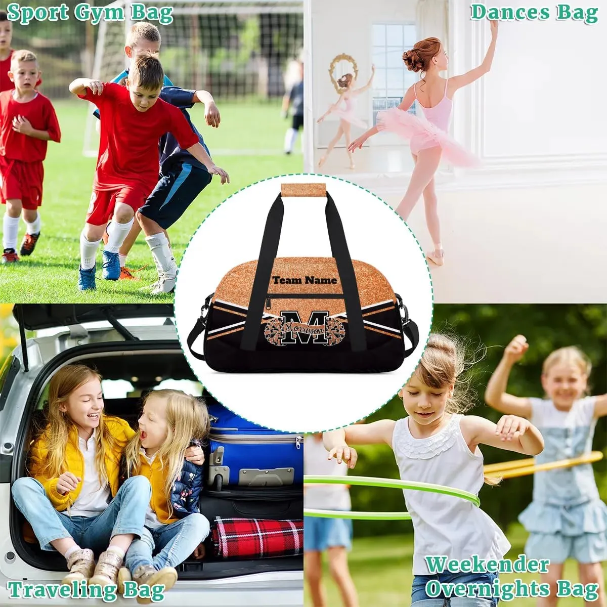 Personalized Cheerleader Bag Duffel Bag for Girls, Custom Cheer Bag Overnight Bags for Gymnastics Travel Weekender Orange