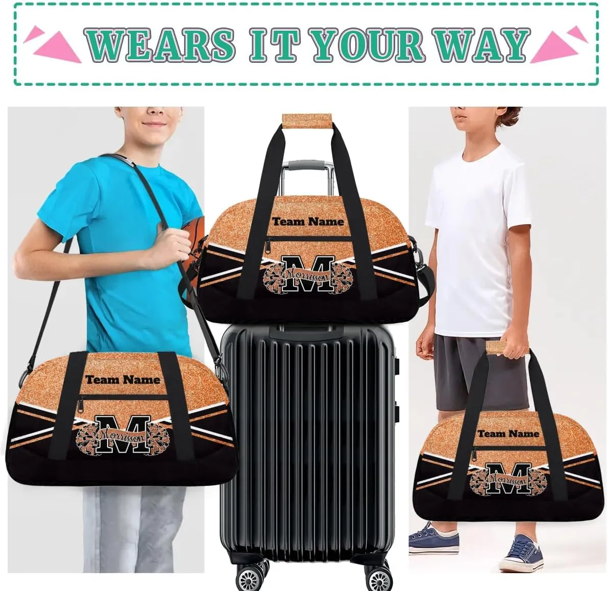 Personalized Cheerleader Bag Duffel Bag for Girls, Custom Cheer Bag Overnight Bags for Gymnastics Travel Weekender Orange