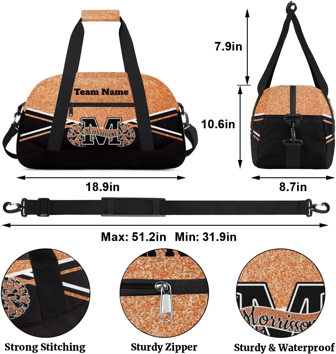 Personalized Cheerleader Bag Duffel Bag for Girls, Custom Cheer Bag Overnight Bags for Gymnastics Travel Weekender Orange