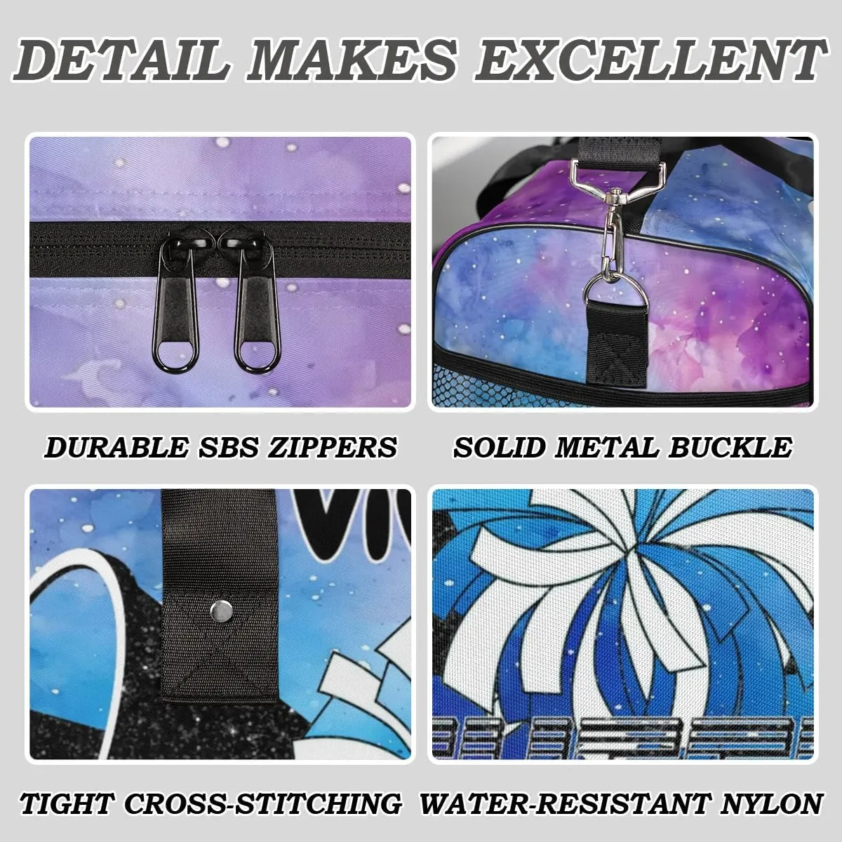 Personalized Cheerleader Cheer Bag Sport Duffel Bag with Name for Cheerleaders Customized Travel Overnight Weekender Bags, Blue Purple Glitter Bags