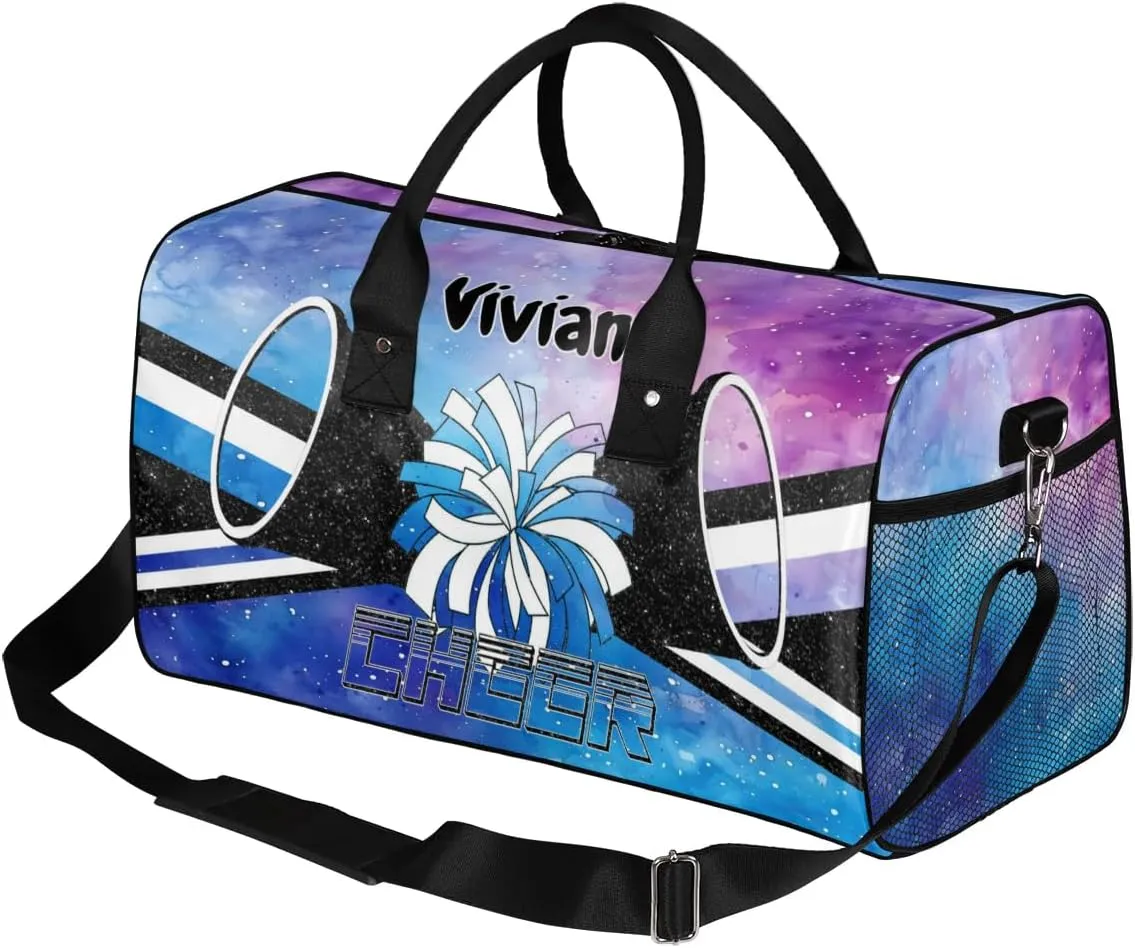 Personalized Cheerleader Cheer Bag Sport Duffel Bag with Name for Cheerleaders Customized Travel Overnight Weekender Bags, Blue Purple Glitter Bags