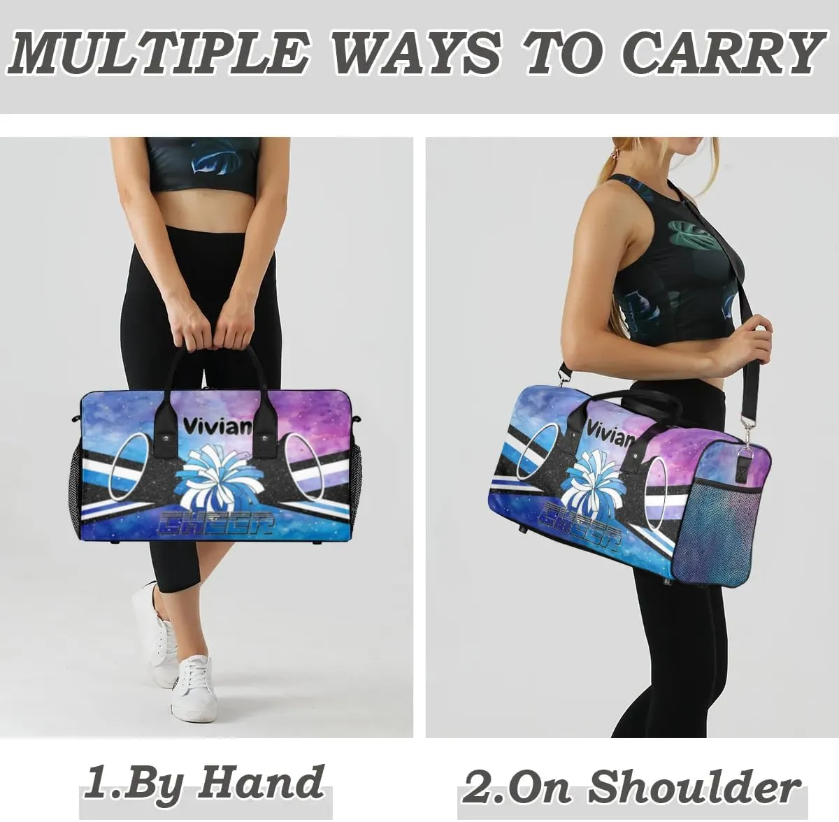 Personalized Cheerleader Cheer Bag Sport Duffel Bag with Name for Cheerleaders Customized Travel Overnight Weekender Bags, Blue Purple Glitter Bags