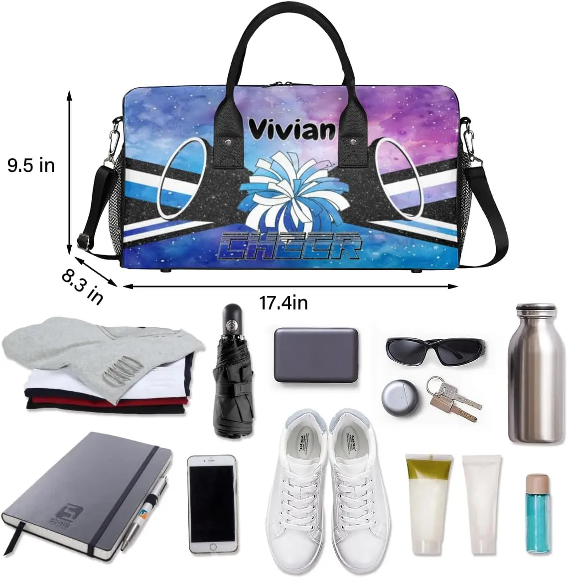 Personalized Cheerleader Cheer Bag Sport Duffel Bag with Name for Cheerleaders Customized Travel Overnight Weekender Bags, Blue Purple Glitter Bags