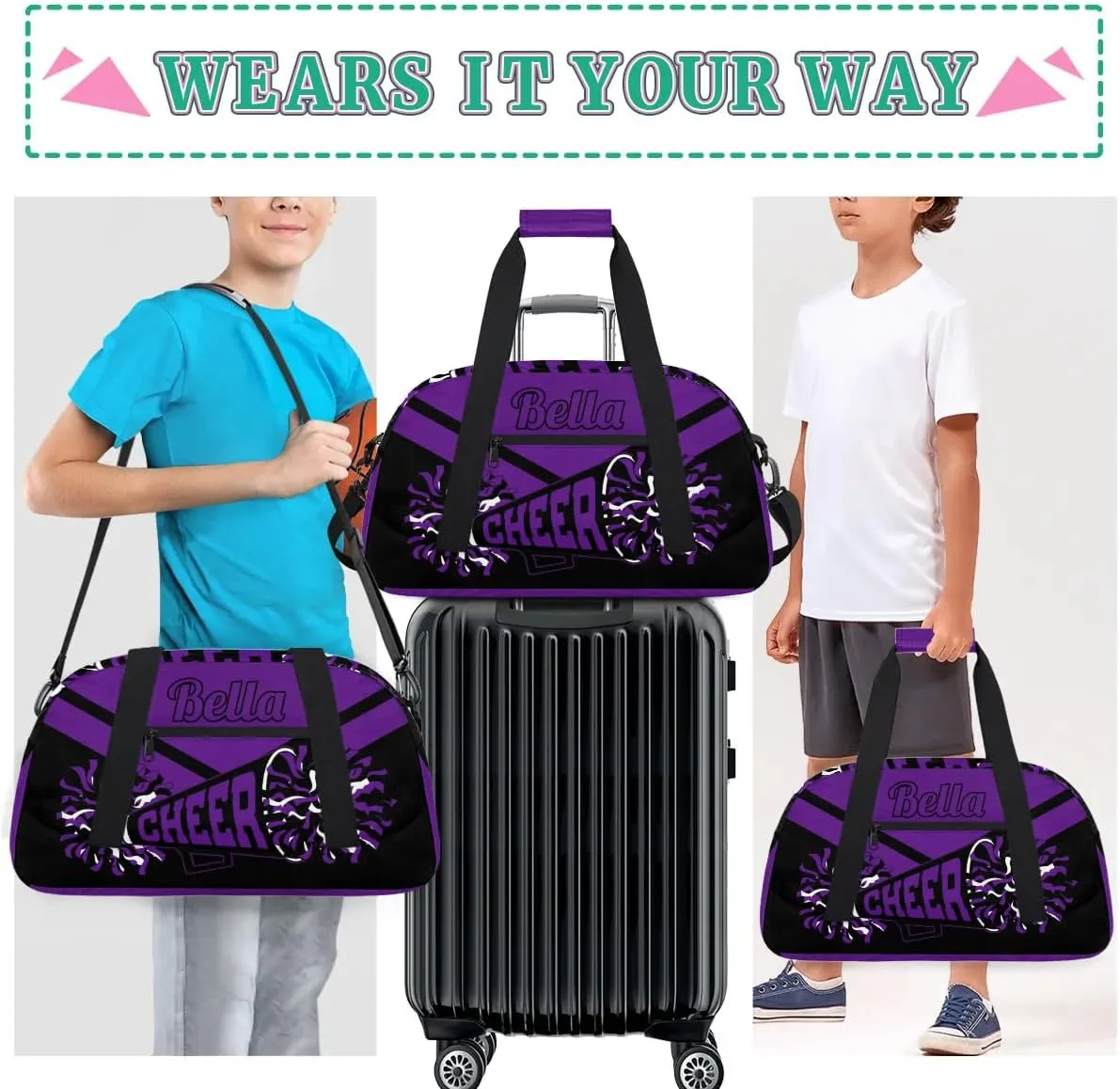 Personalized Cheerleader Duffel Bags - Custom Sport Gymnastics Dance Travel Weekender Bag, Purple Black