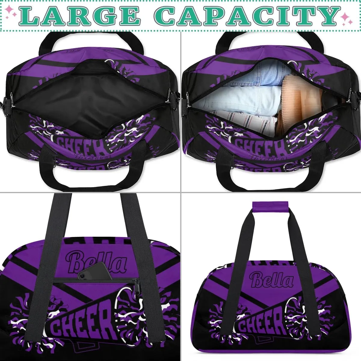 Personalized Cheerleader Duffel Bags - Custom Sport Gymnastics Dance Travel Weekender Bag, Purple Black