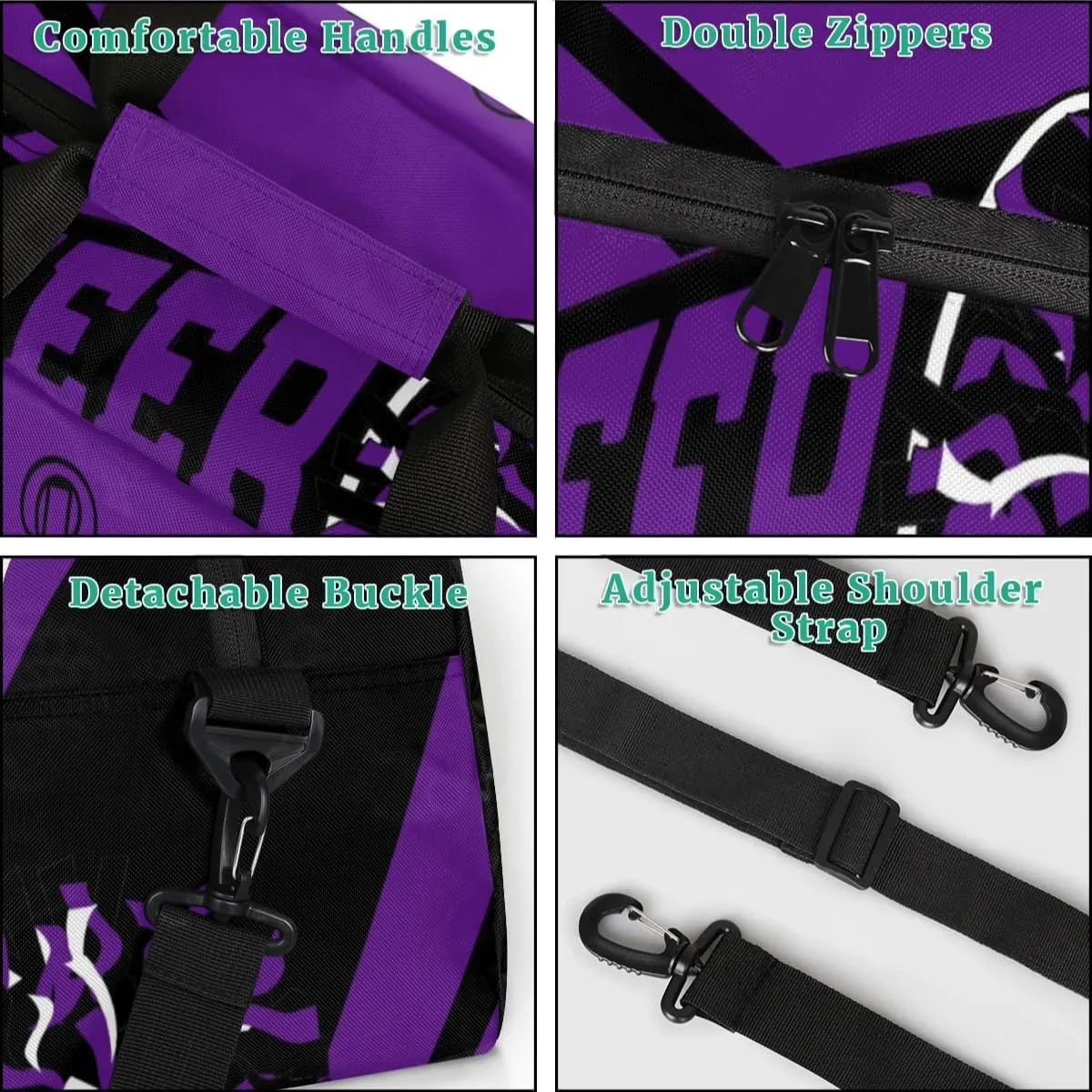 Personalized Cheerleader Duffel Bags - Custom Sport Gymnastics Dance Travel Weekender Bag, Purple Black