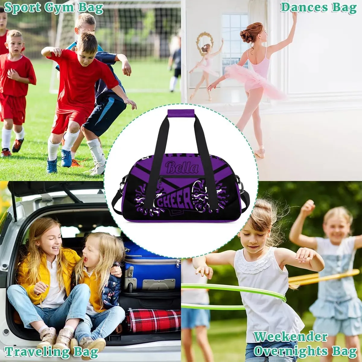 Personalized Cheerleader Duffel Bags - Custom Sport Gymnastics Dance Travel Weekender Bag, Purple Black