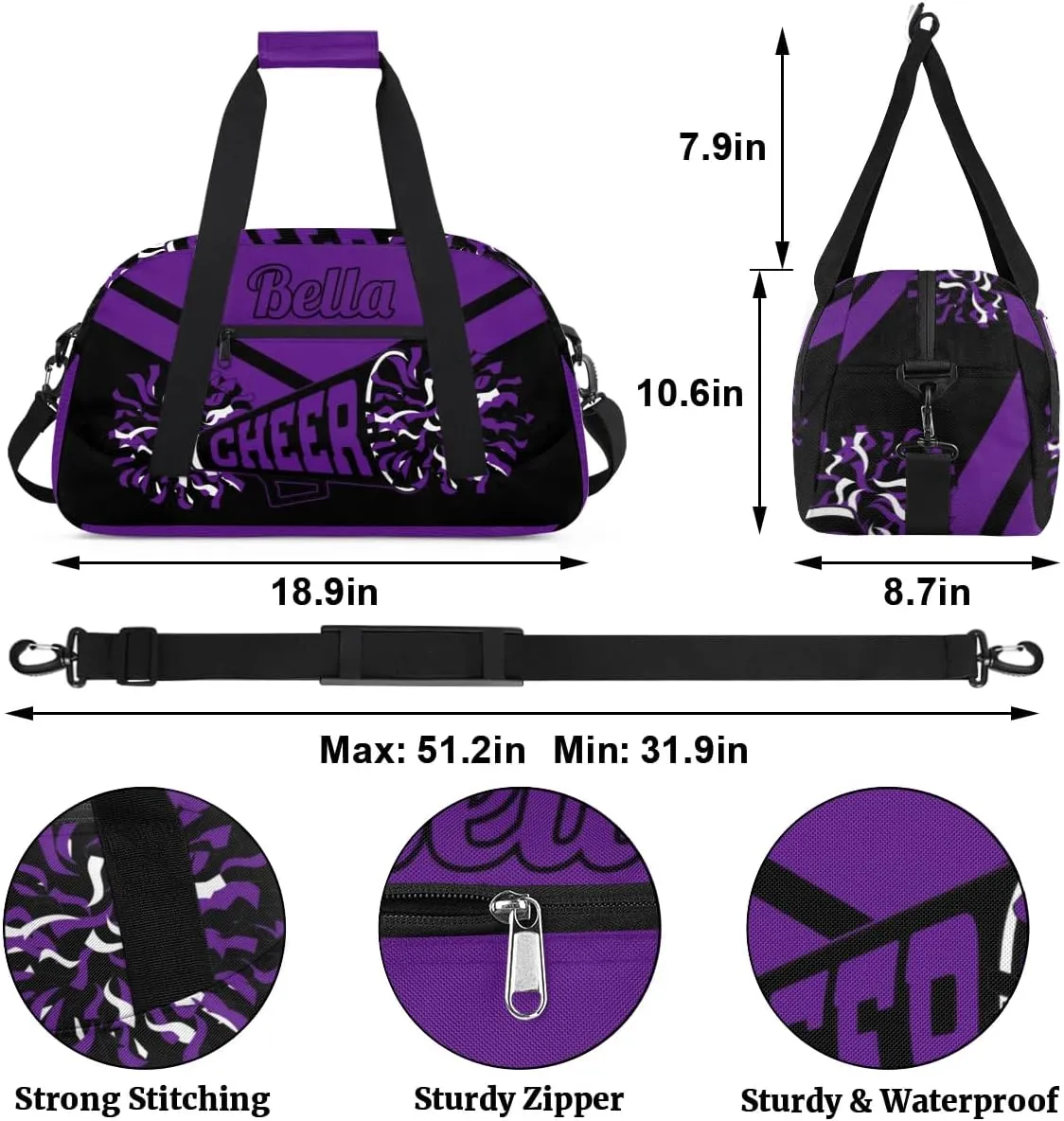 Personalized Cheerleader Duffel Bags - Custom Sport Gymnastics Dance Travel Weekender Bag, Purple Black