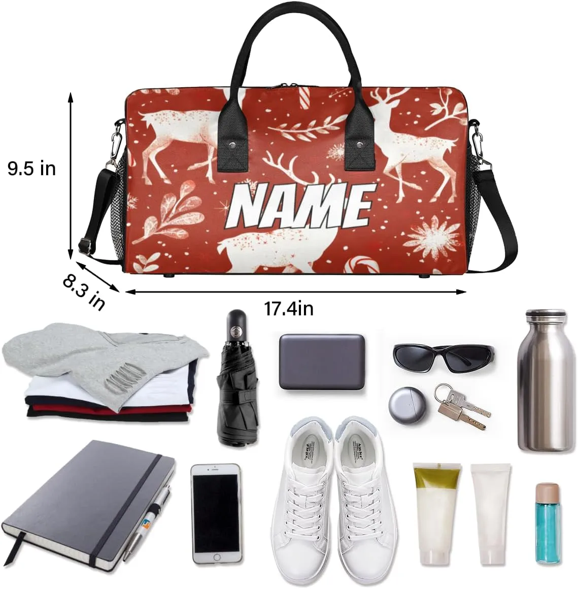 Personalized Christmas Elk Travel Duffel Bag with Name, Custom Gym Sport Bag Reindeer Red Carry On Weekend Overnight Duffel Bag for Men Women