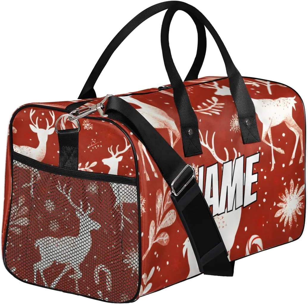 Personalized Christmas Elk Travel Duffel Bag with Name, Custom Gym Sport Bag Reindeer Red Carry On Weekend Overnight Duffel Bag for Men Women