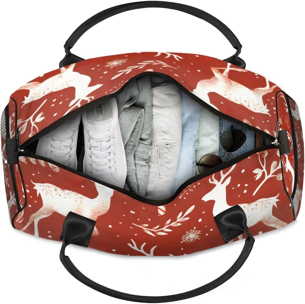 Personalized Christmas Elk Travel Duffel Bag with Name, Custom Gym Sport Bag Reindeer Red Carry On Weekend Overnight Duffel Bag for Men Women