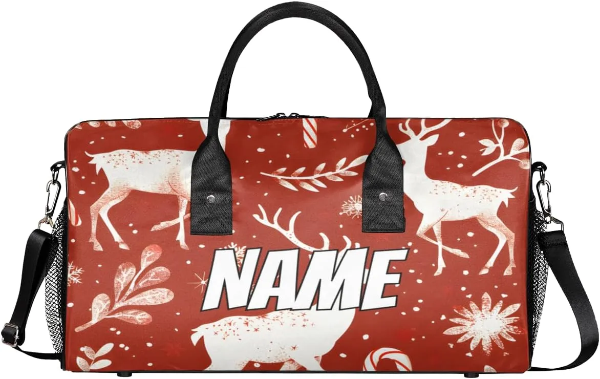 Personalized Christmas Elk Travel Duffel Bag with Name, Custom Gym Sport Bag Reindeer Red Carry On Weekend Overnight Duffel Bag for Men Women